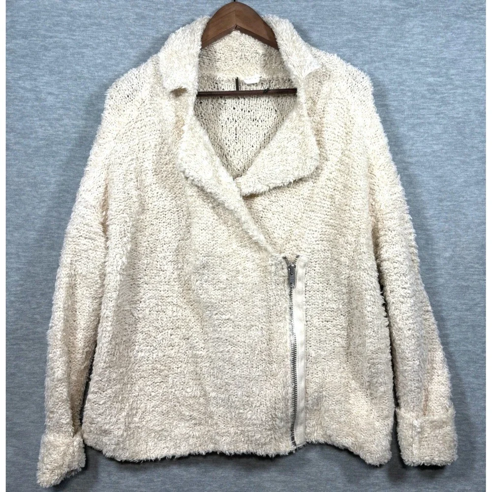 Free People Womens S‎ Sweater Wool Blend Cream Fuzzy Jacket Asymmetrical Zip